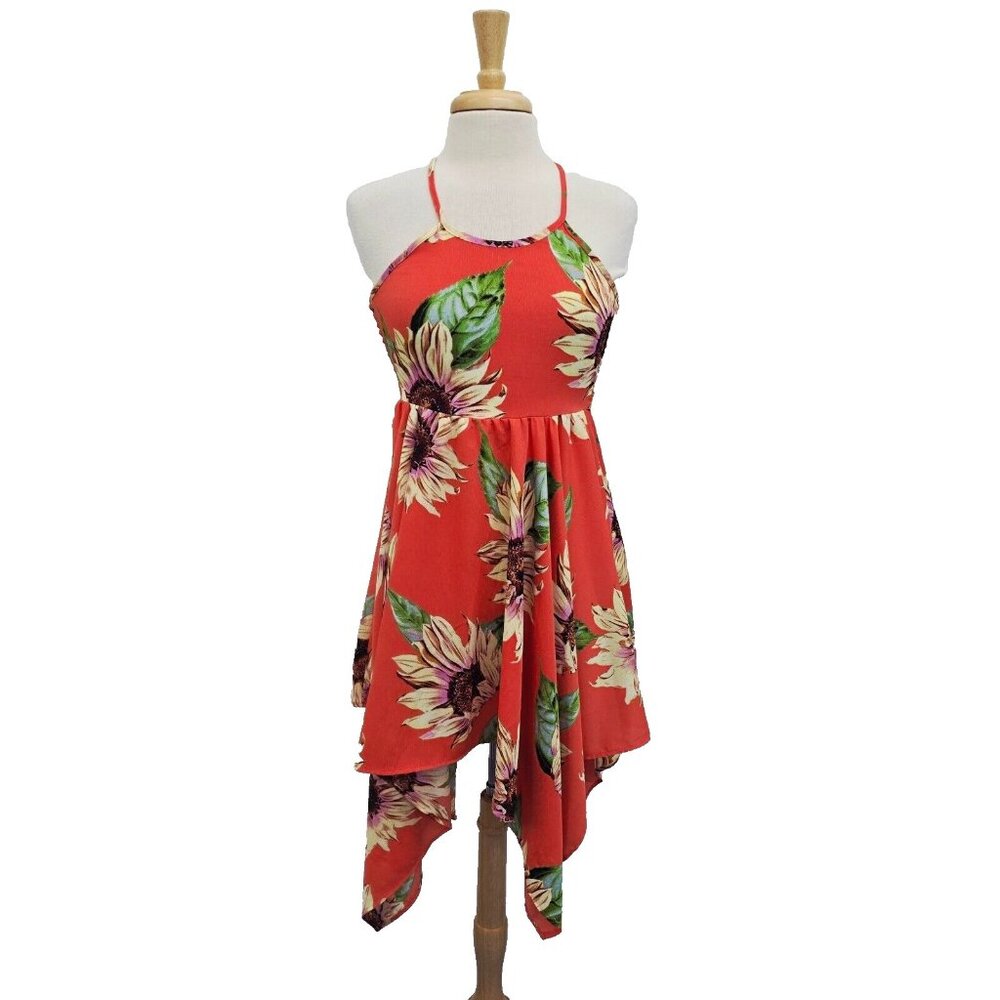 Bonnie Jean Halter Top Dress With Sunflower Print Womens 14 Orange Sharkbite Hem